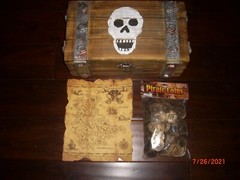 Pirate Party- Treasure Chest + Disney Pirates of Caribbean Hat + Map +Gold Coins