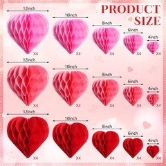 60 PCS Heart Honeycomb Party Decorations Red Pink White Tissue Paper Pom Poms