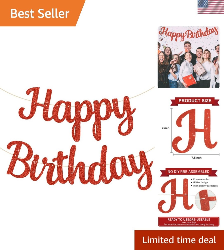 Red Happy Birthday Banner – NO DIY,10Feet,Pre-Strung-Glitter Backdrop Happy B…