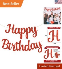 Red Happy Birthday Banner – NO DIY,10Feet,Pre-Strung-Glitter Backdrop Happy B…