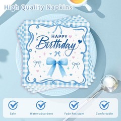 Blue Gingham Plaid Bows Disposable Birthday Tableware (Plates, Napkins, Forks)