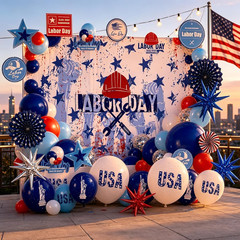 Labor Day Decorations Balloon Kit with Large Fabric Backdrop & USA Printed Foil
