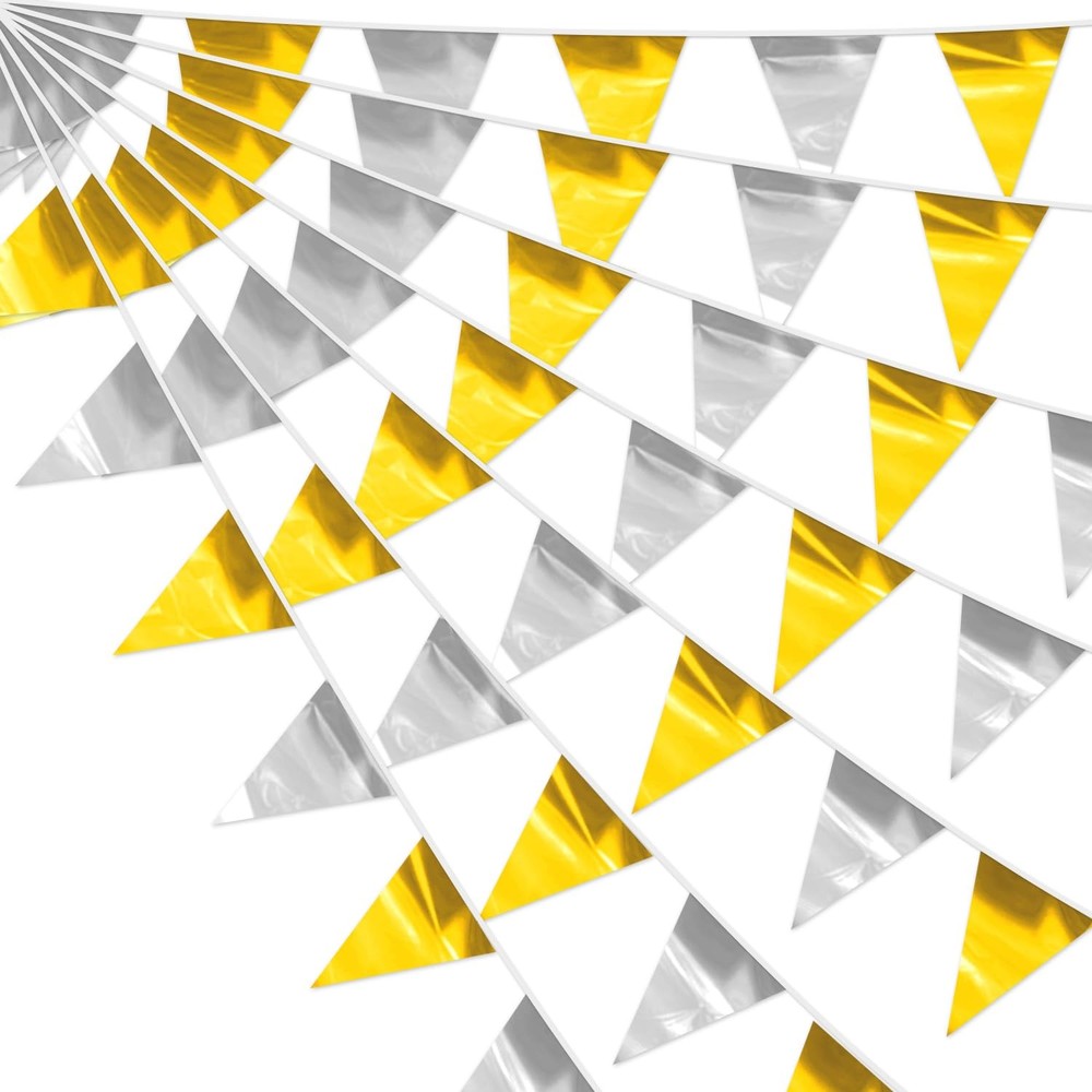 3P Gold Silver Party Decorations – Metallic Fabric Triangle Pennant Banner Fl…