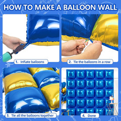 25PCS Blue Gold Square Foil Balloons Wall Backdrop Double Sided Deep Blue Gold B