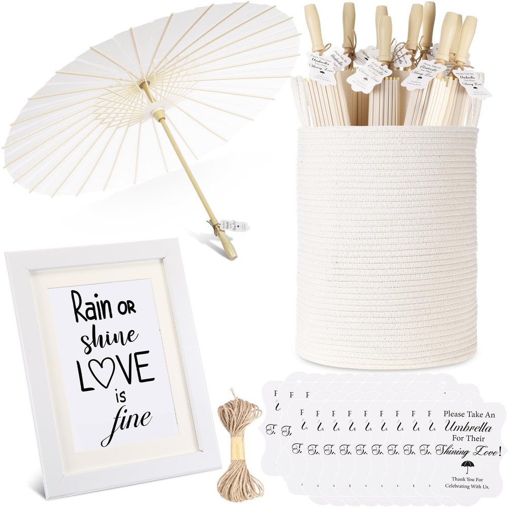 Abbylike 20 Sets Paper Umbrellas with Woven Storage Basket 33 Inch White Pape…