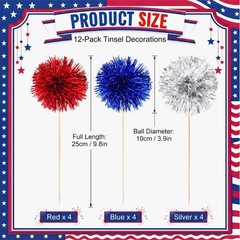 12 Pcs Large 4th of July Fireworks Decorations Patriotic Pom Pom Picks Red Blue