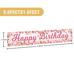 Green Leaf Pink Rose Flower Happy Birthday Decorations Party Garage Decor Banner