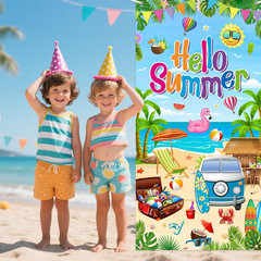 Hello Summer Decorations Tropical Beach Hawaiian Door Banner Cover 35.4″ X 70.8″