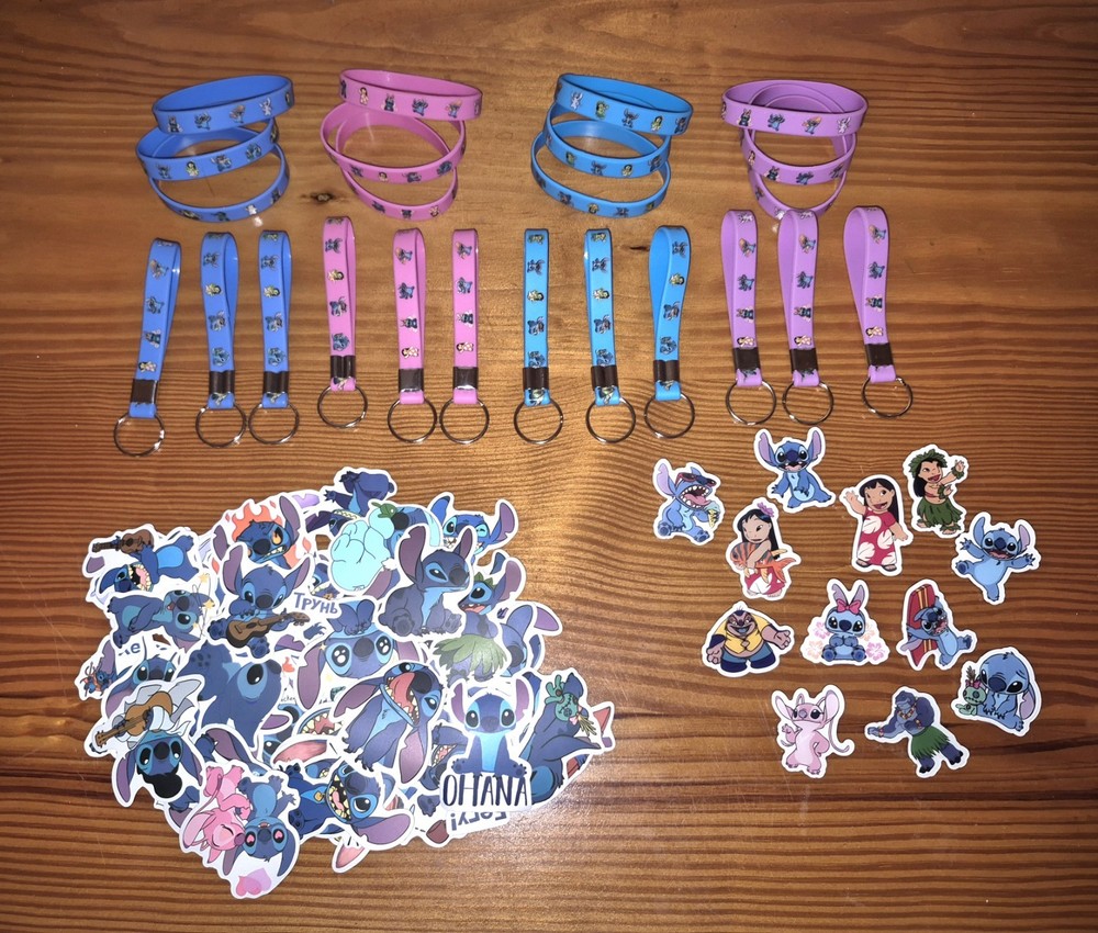 Lilo And Stitch 86 Piece Party Bundle 12 Each Keychain/Bracelet/Pin 50 Stickers