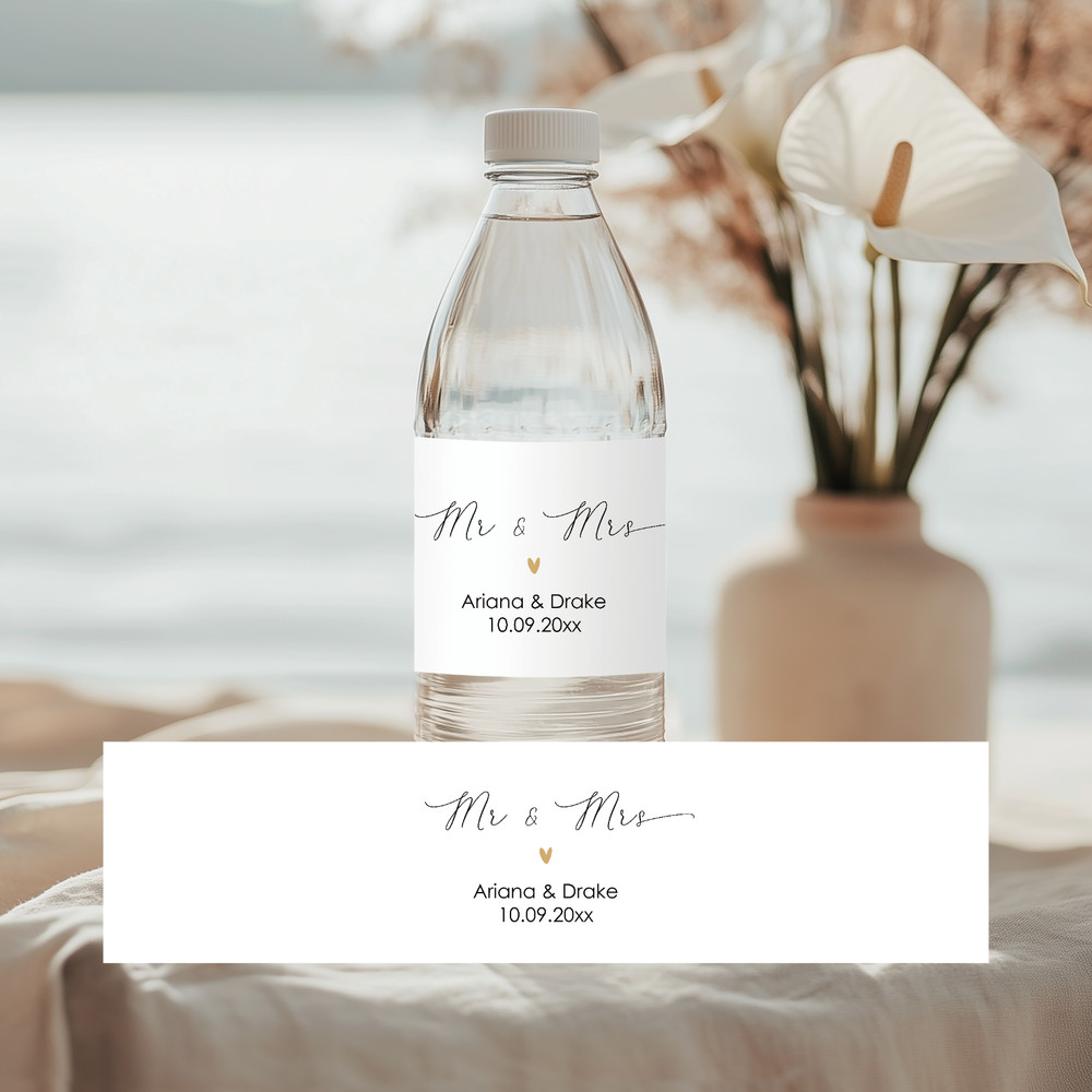 Mr and Mrs Wedding Water Bottle Label, Minimalist Wedding Welcome Stickers