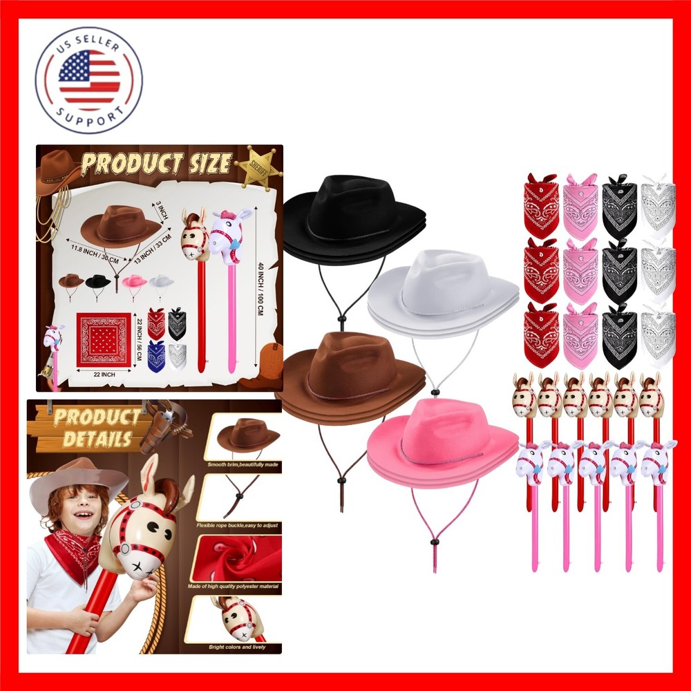 36 Pcs Cowboy Party Costume Set, Cowboy Hats Paisley Bandanas Inflatable Stic…