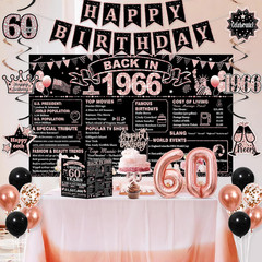 60Th Birthday Decorations, Rose Gold Black Back in 1966 Party Supplies Kit with