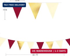 Burgundy Party Decorations Gold Maroon Beige Fabric Triangle Pennant Banner Garn