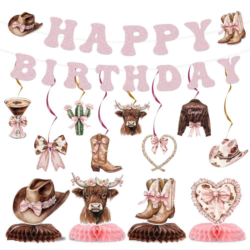 Coquettte Bows Decorations, 14 Pcs Pink Western Cowgirl Banner Hanging Swirls…