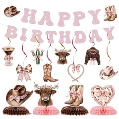Coquettte Bows Decorations, 14 Pcs Pink Western Cowgirl Banner Hanging Swirls…