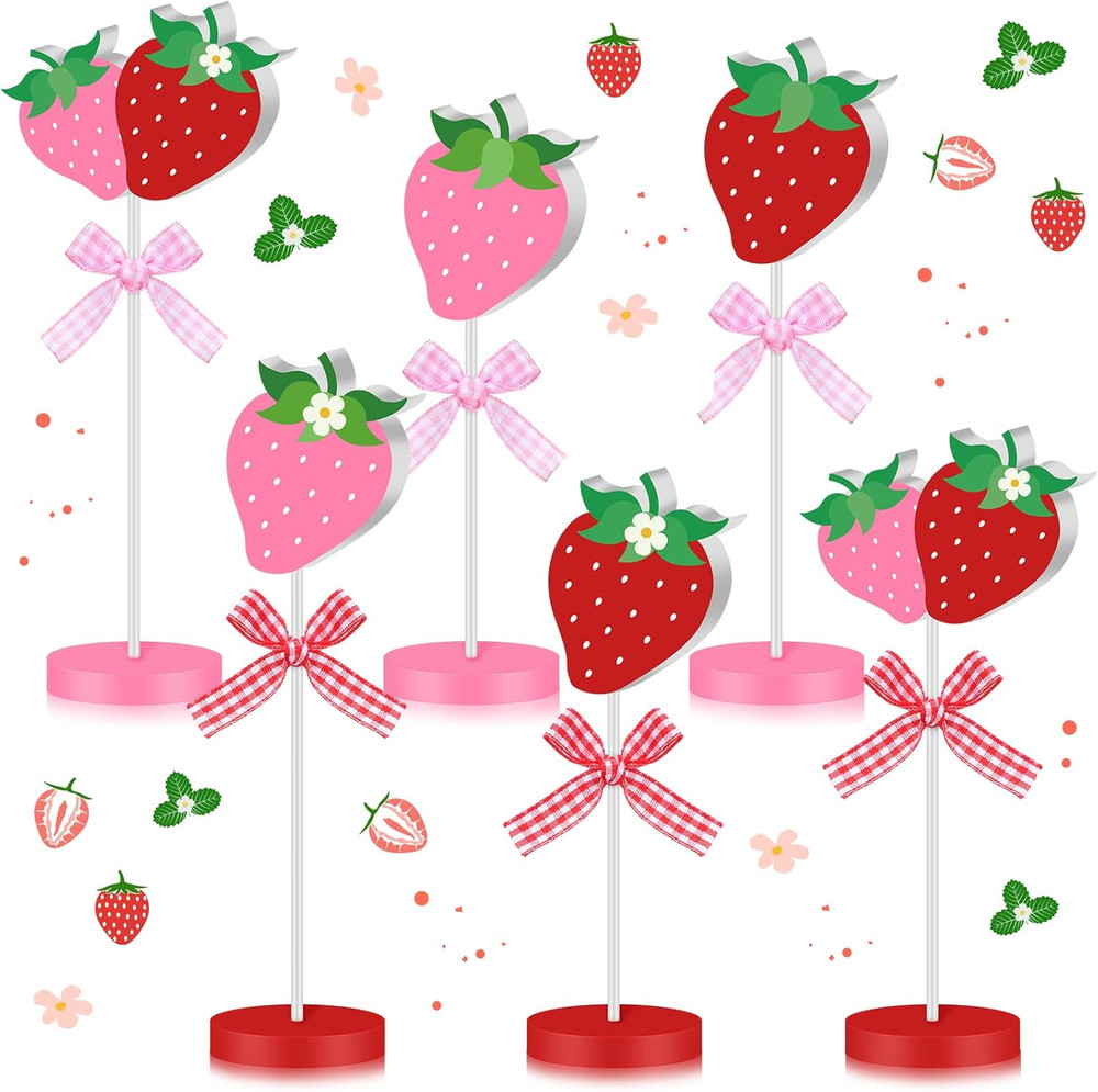 6 Pcs Strawberry Table Decorations Wooden Strawberry Centerpieces for Berry Firs