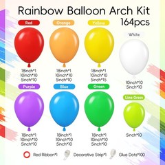 164Pcs Rainbow Balloon Arch Kit with Red Purple Yellow Blue Orange White Lime