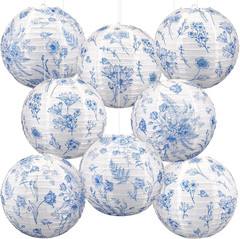 8 Pcs Chinoiserie Paper Lanterns Party Decorations Blue and White Floral Hanging