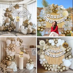 Gold & White Birthday Decorations Kit Balloons Banner Tablecloth Confetti
