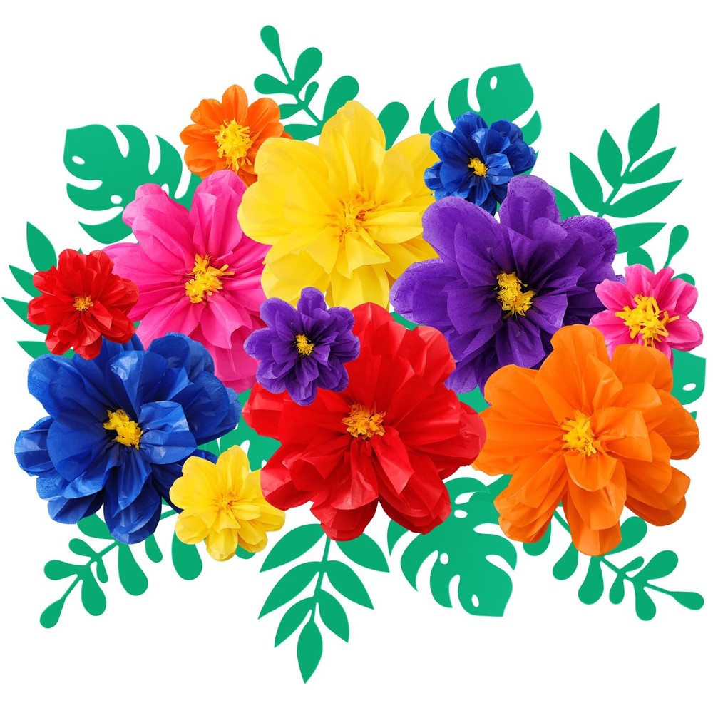 Large 20″ 10″ Colorful Tissue Flowers Giant Fiesta Pom Poms and Leaves, Mexic…