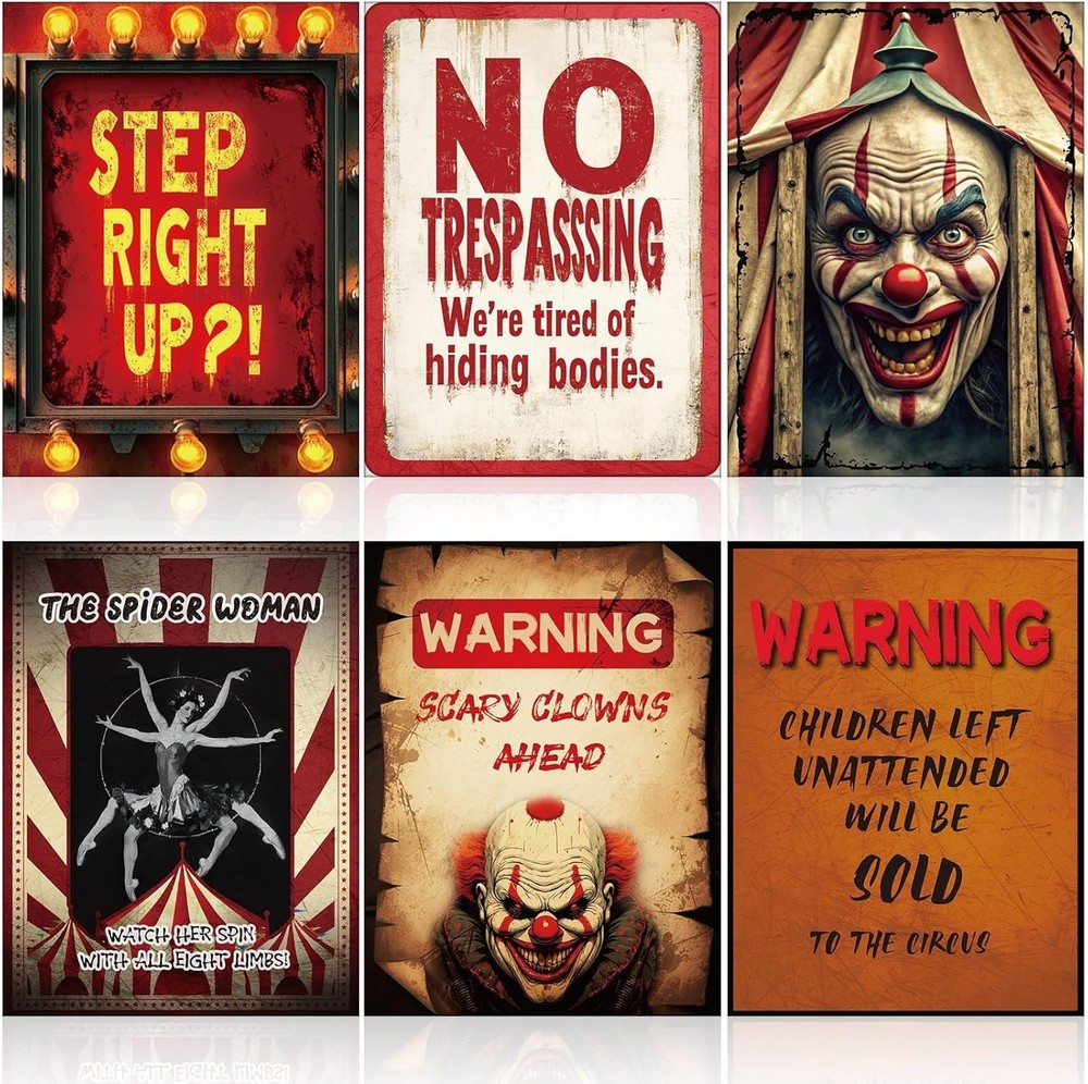 6 Pcs Halloween Haunted Circus Decorations Fabric Posters Creepy Carnival Decora