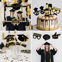 Graduation Selfie Photo Booth Frame 27x19in Black Gold with 18 Props – Party