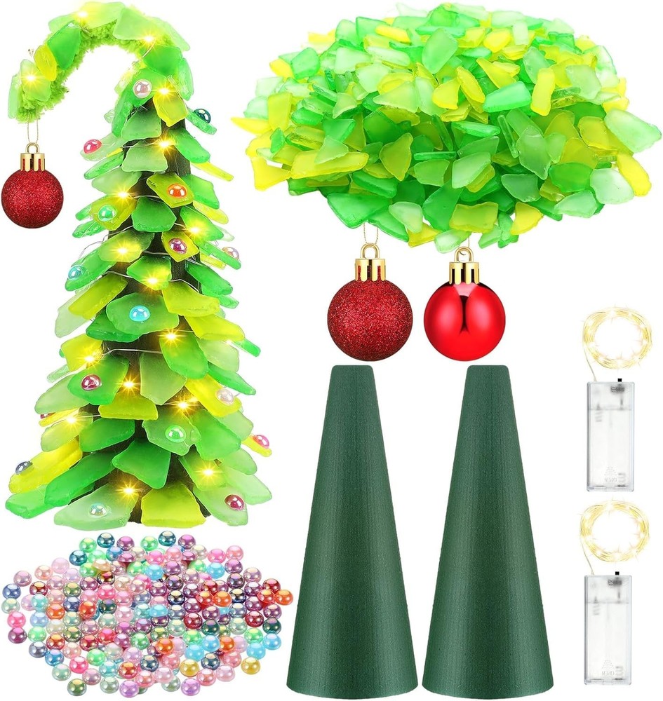 2 Pack DIY Sea Glass Christmas Tree Handmade Kit Tabletop Pearl Beach Lime