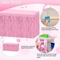 2 Pack 29.5×108 Inch Pink Foil Tinsel Fringe Table Skirts, Disposable Table