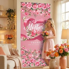 Large Happy Mothers Day Decorations Mother’s Day Yard Door Cover Pink and Red…
