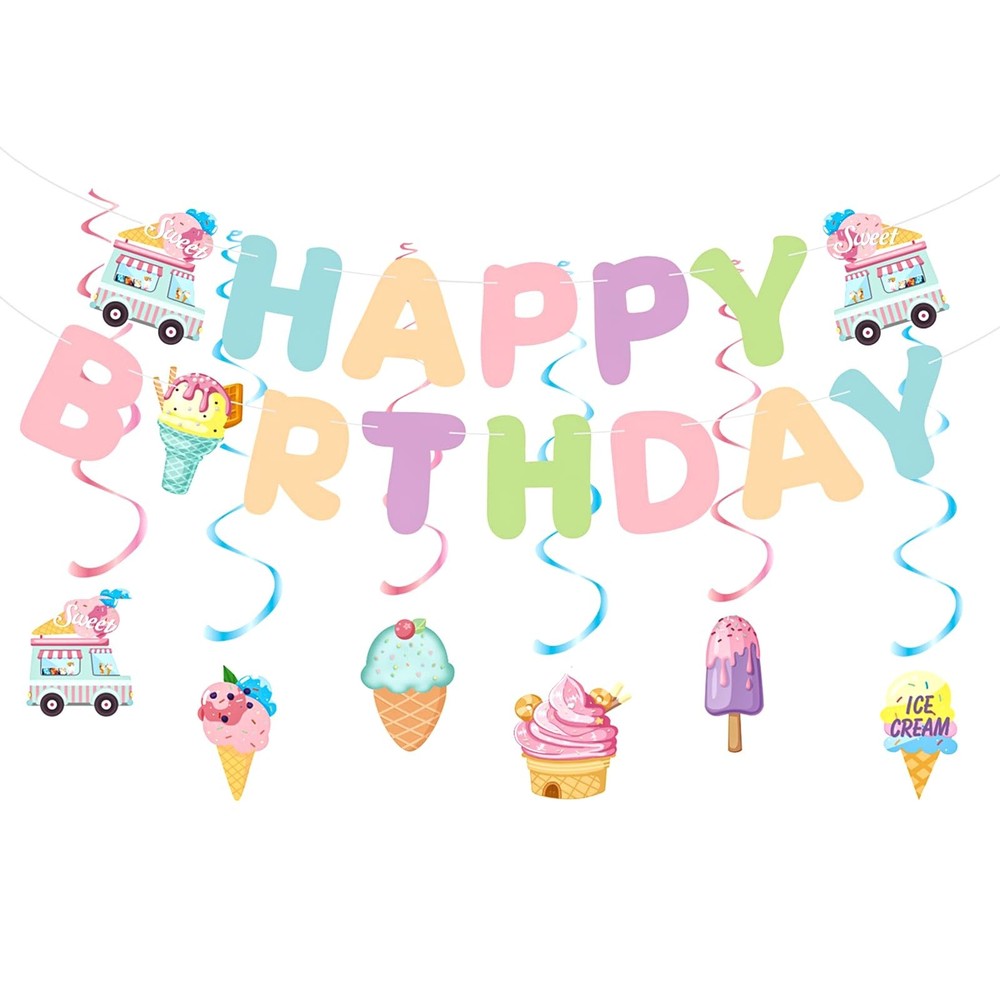 Birthday Decorations, Happy Birthday Banner Sign with Ice Cream Hanging Swirl…