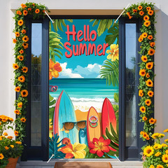 Hello Summer Decorations Surfboard Beach Door Cover Backdrop 71X35 Inch
