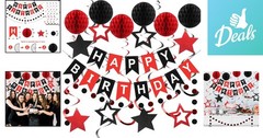 Vibrant Red & Black Birthday Decorations Set with Banner & Honeycomb Balls