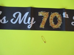 It’s My 70th Birthday sash/banner, GOLD & BLACK adjustable to wear or wall decor