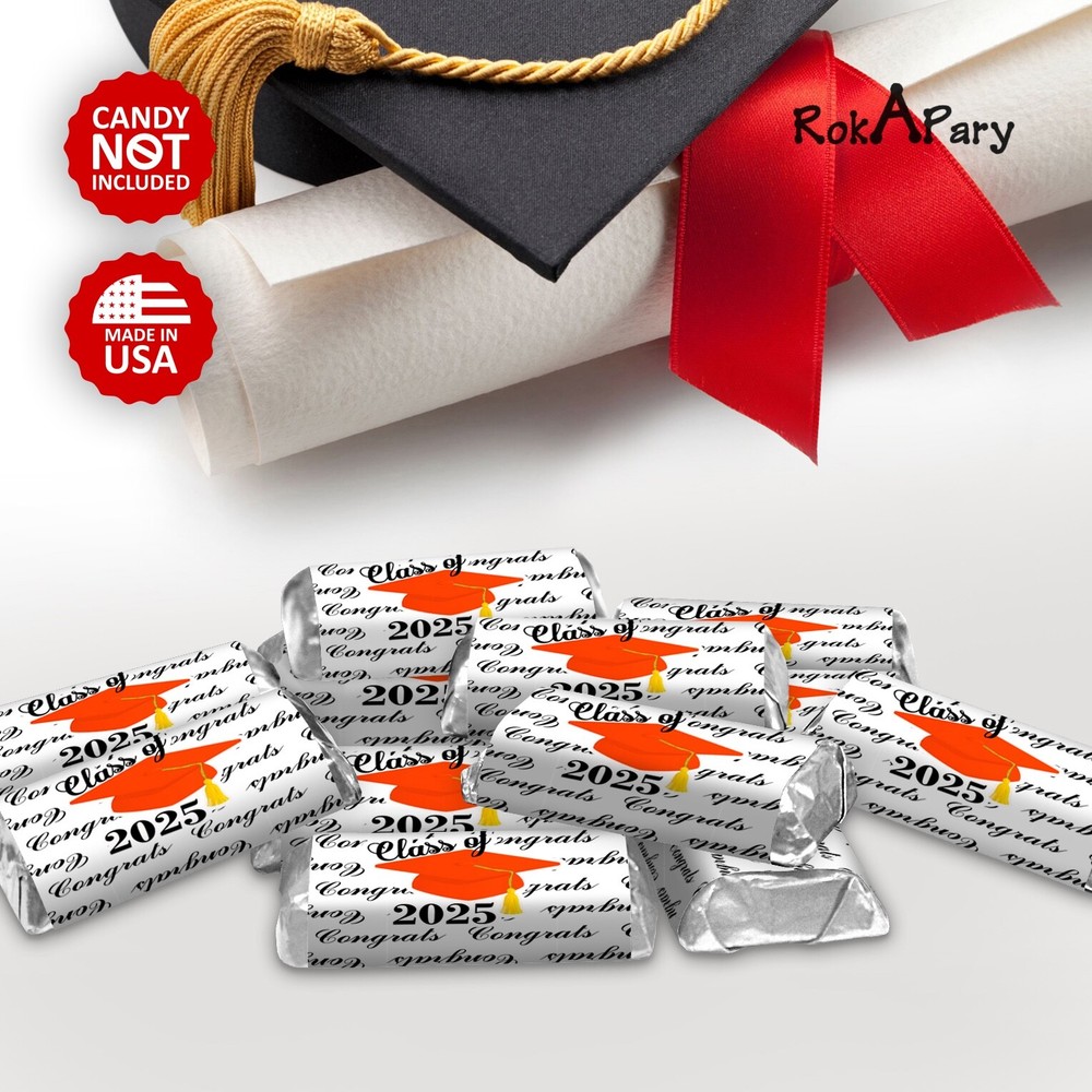 Class of 2025 Graduation Mini Candy Wrapper | Set of 60 Stickers | Orange Theme