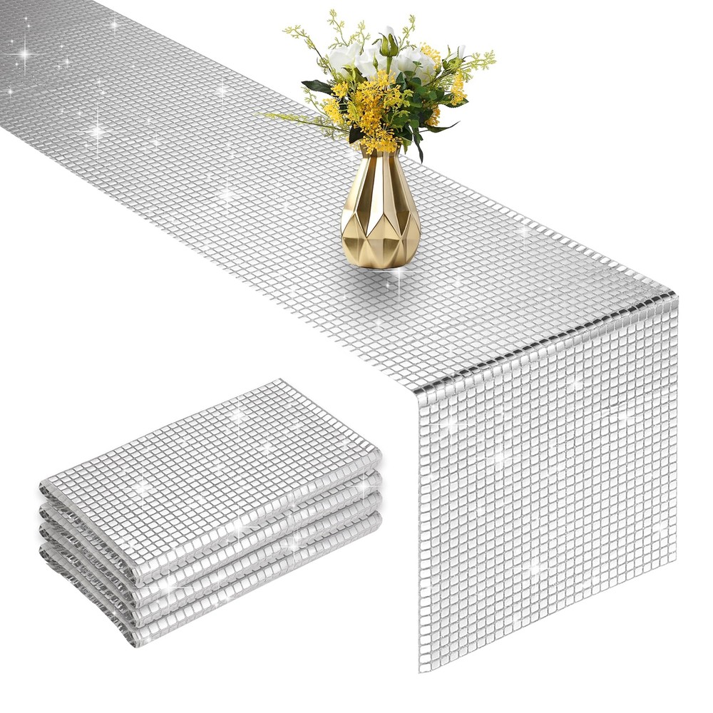 4 Packs Glitter Disco Party Table Runner 12 x 108 Inches Mirror Silver Foil D…