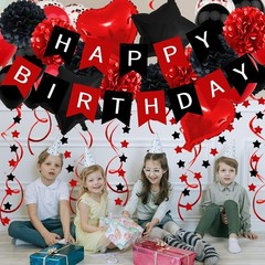 Vibrant Black & Red Birthday Decorations: Balloons, Pompoms & Garland Included