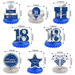 8 PCS 18th Birthday Decorations Table Centerpiece Blue Silver Honeycomb