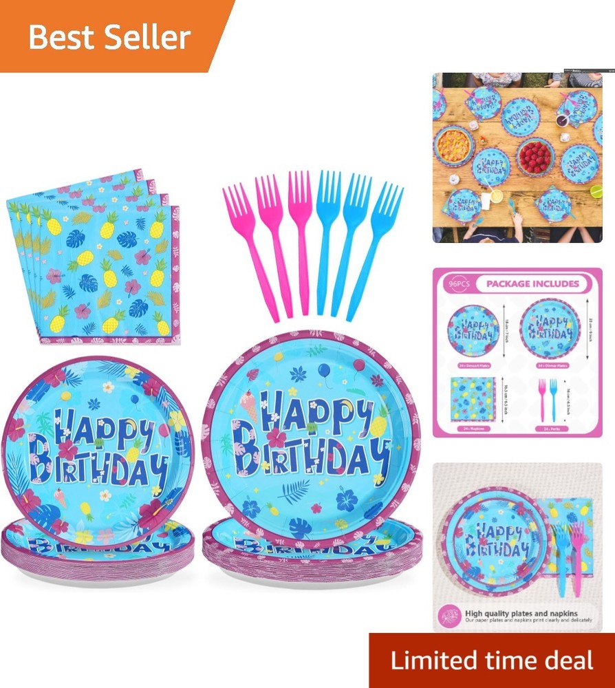 Bright Blue Hawaiian Luau Party Decor – 24 Plates, Napkins & Forks Included