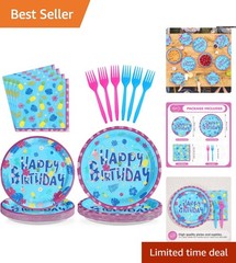 Bright Blue Hawaiian Luau Party Decor – 24 Plates, Napkins & Forks Included