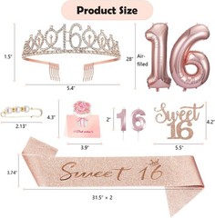Rose Gold Sweet 16 Decorations: Crown, Sash, Candles & Cake Embellishments