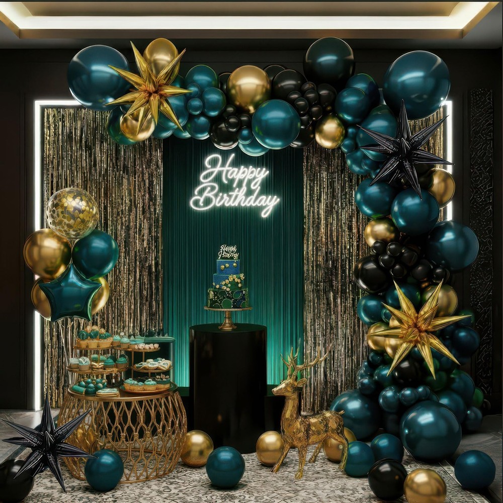Chrome dark Teal and gold black Balloon Garland Kit 170Pcs Double-Stuffed Nav…
