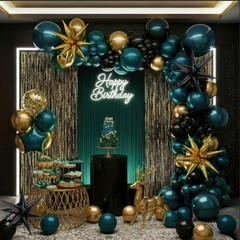 Chrome dark Teal and gold black Balloon Garland Kit 170Pcs Double-Stuffed Nav…