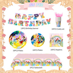 DISNEY Princess Party Decorations 126Pcs Tableware Plates Tablecloth Banner Cups