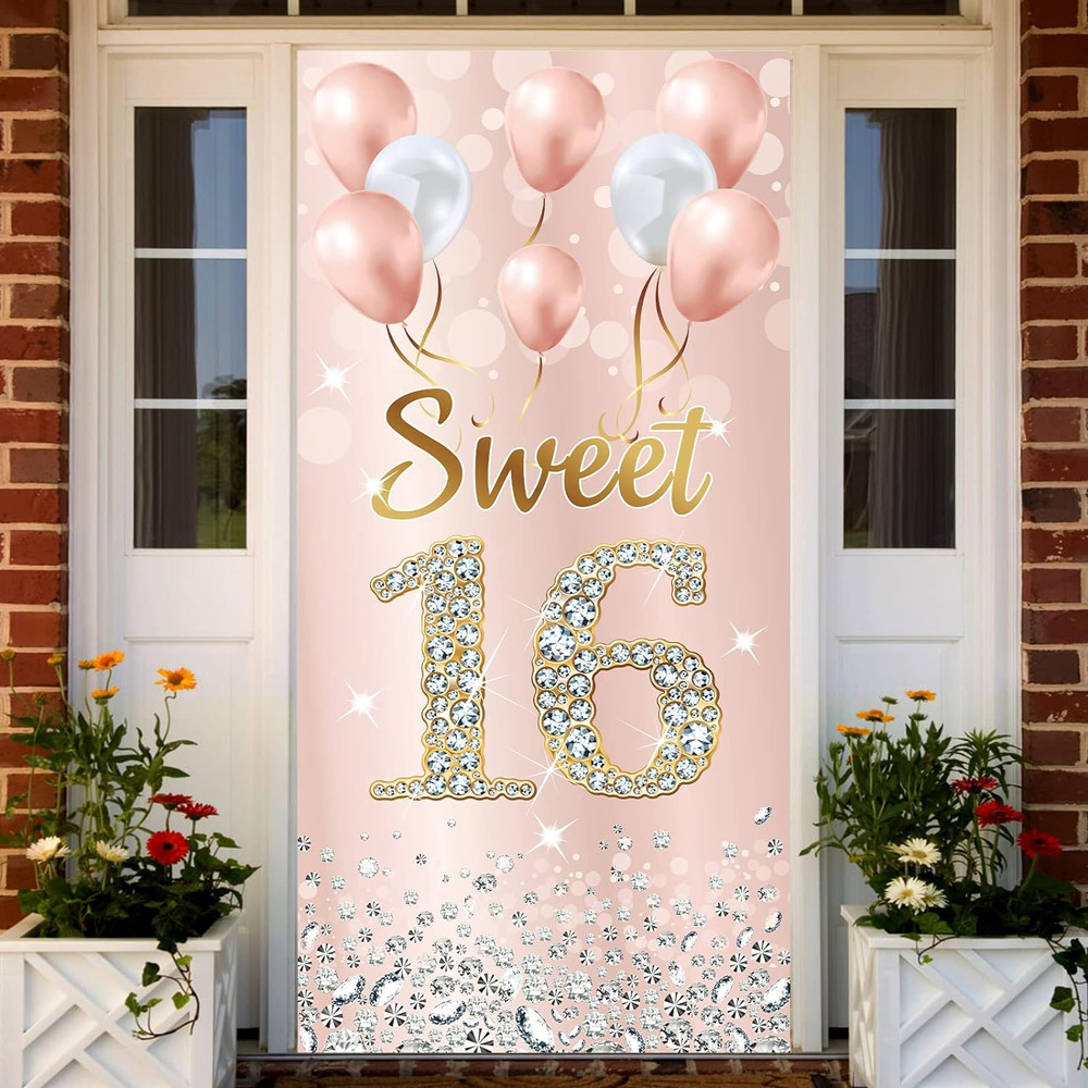 Sweet 16 Birthday Decorations Door Banner for Girls, Pink Rose Gold Happy 16t…