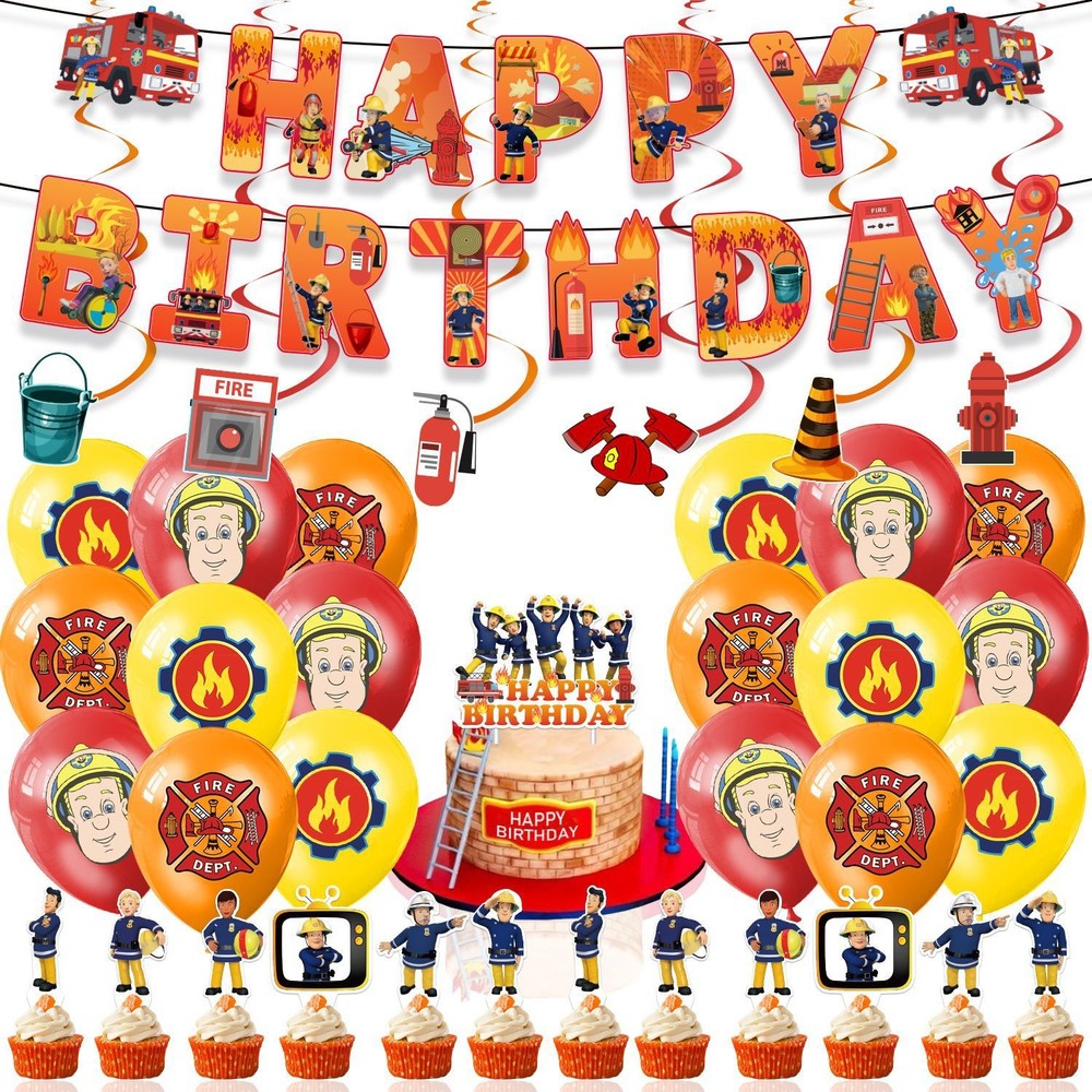 Fireman Sam Birthday Party Decor Supplies Balloons Banner Cake Toppers Kids