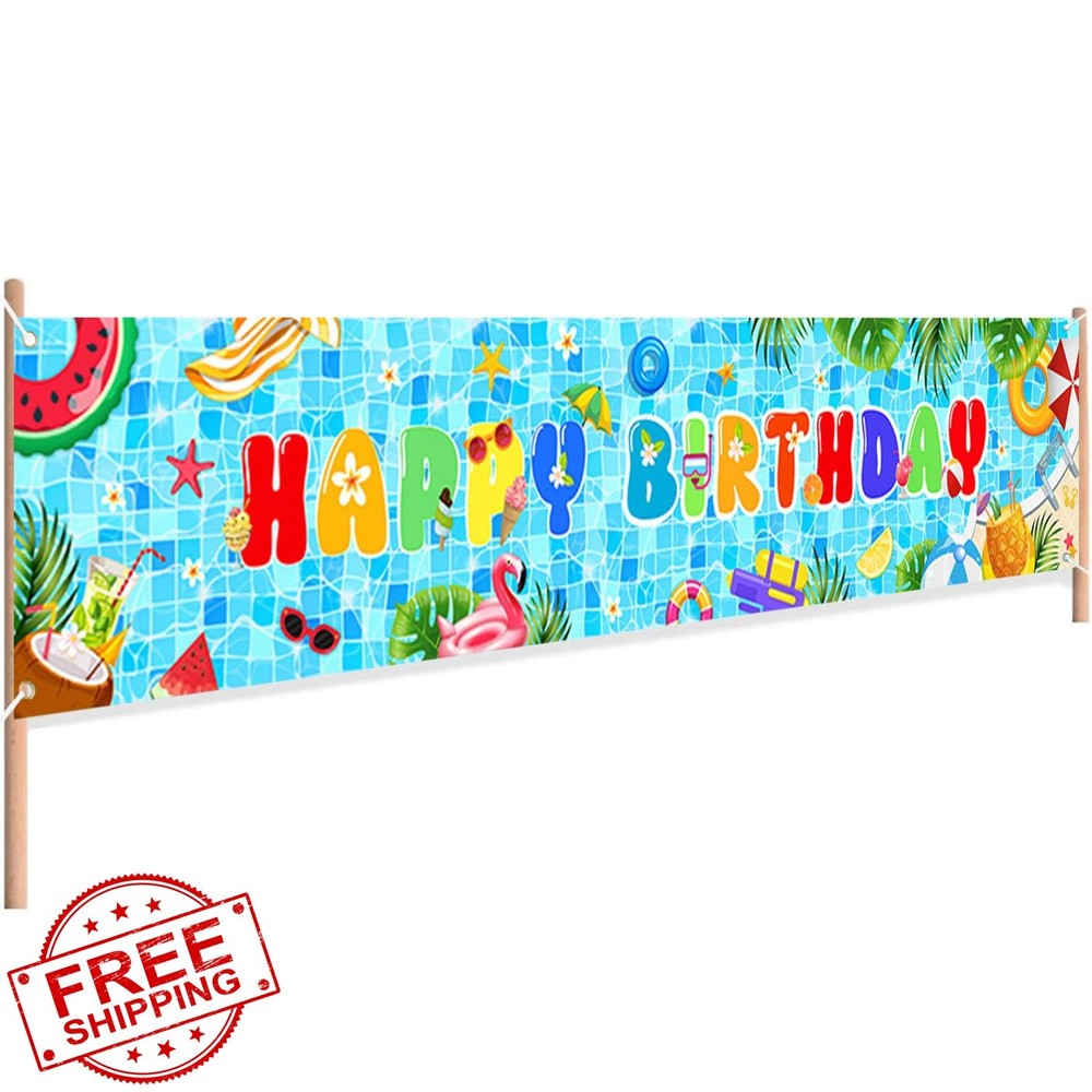 AIBIIN Pool Birthday Banner Summer Swimming Pool Birthday Yard Sign Decoratio…