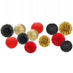 15 PCS Red Black Gold Casino Theme Tissue Paper Pom Poms Lanterns Decorations