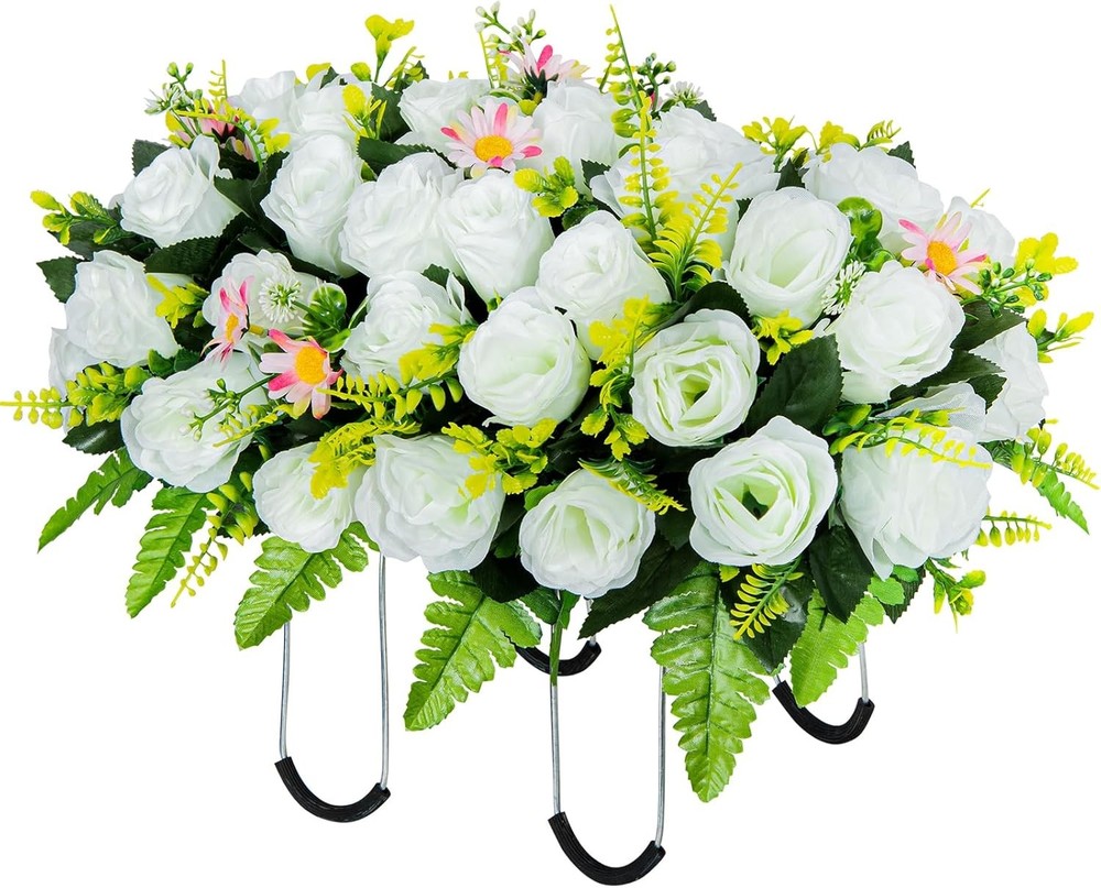 Artificial Headstone Flower Saddle, Cemetery Flowers for Grave, White