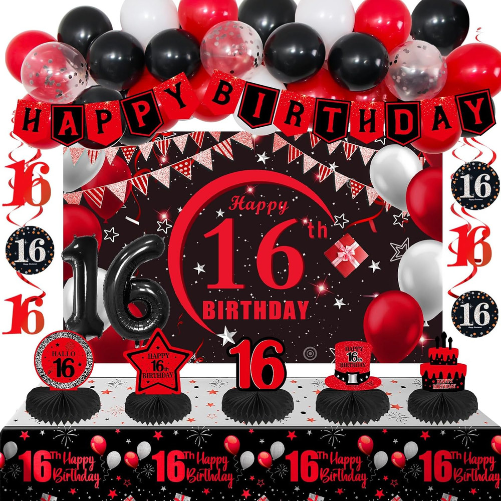 16Th Birthday Decorations for Boys Girls Red Black, Sweet 16 Party Decorations w