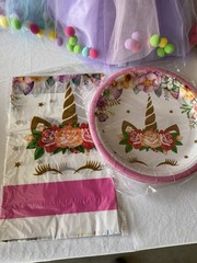 Size 5-6 Girls Unicorn Birthday Outfit With Birthday Party Supplies For 16